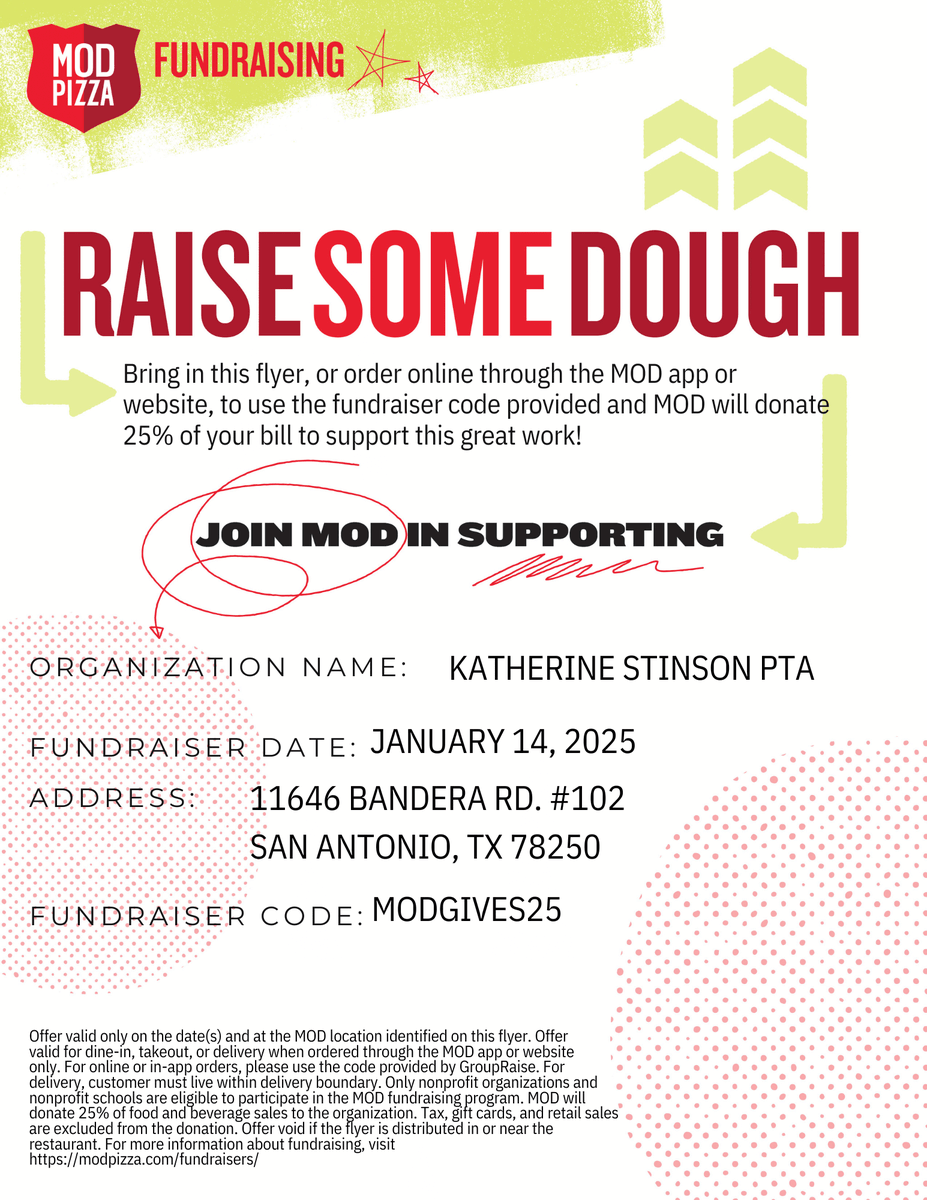 NISDStinson's tweet photo. 🍕🥗 Join us in supporting the Stinson PTA on Tuesday, January 14th at the MOD Pizza on Bandera and 1604! Let them know you're there to support Stinson & MOD Pizza will generously donate 25% of your bill back to our school! #SkyhawkPride #MODPizza https://t.co/PTbAW9CLjo