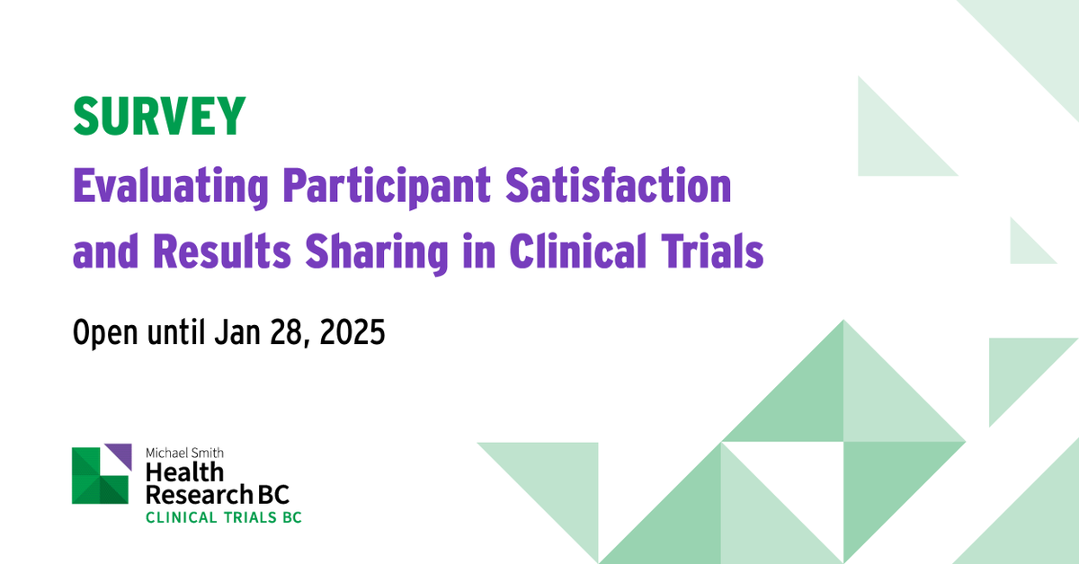 Are you a #clinicaltrial investigator in BC?

If so, we invite you to complete a survey on participant satisfaction and results sharing. Your input will provide insights into current practices &amp; inform future initiatives to improve participant experience. bit.ly/3BeHO1k