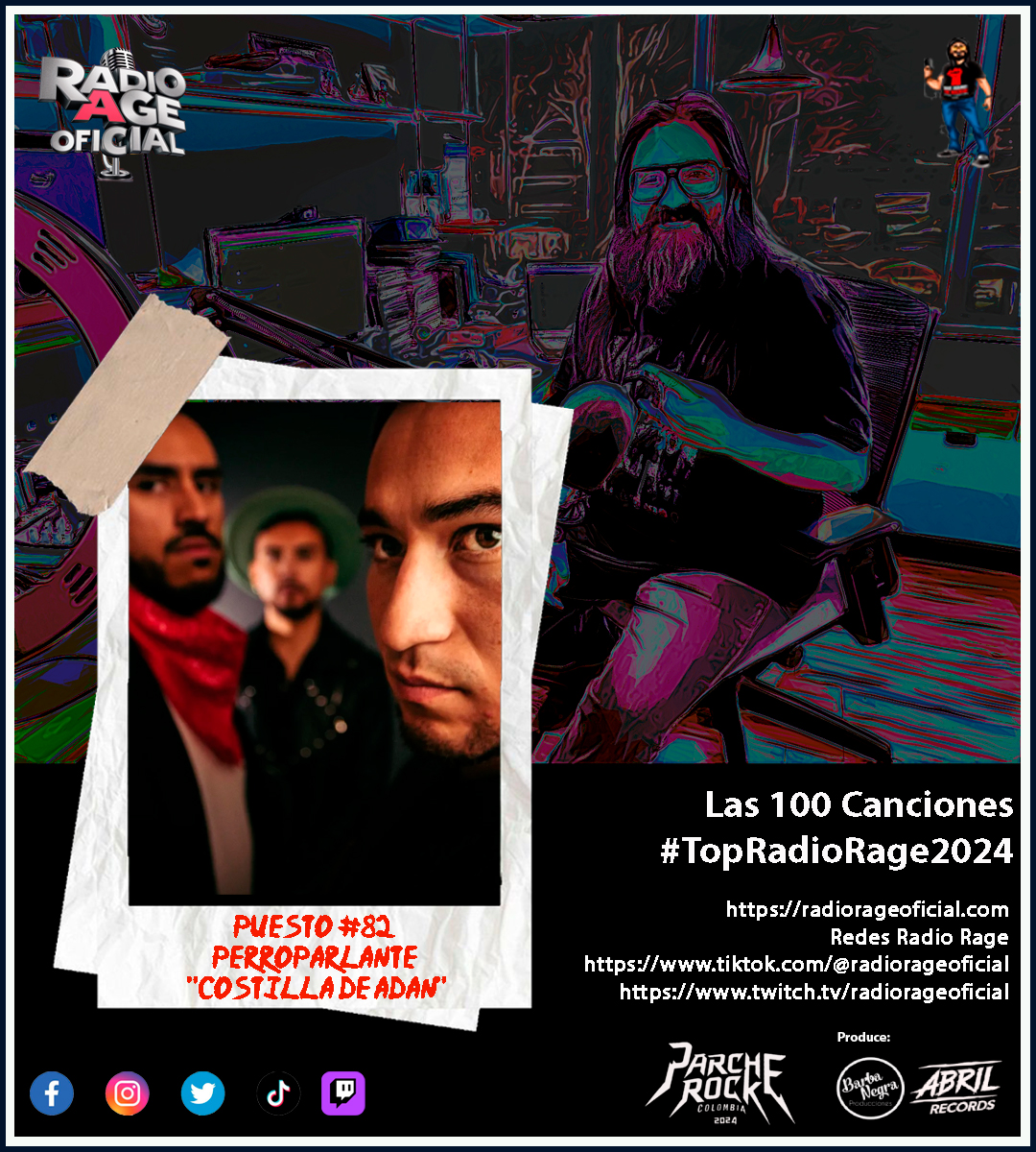 henryrage's tweet photo. #Top100Radiorage 2024 Puesto #82 "Costilla de Adán" de @PerroParlante_ #RockColombiano
@Radiorageofi del sello @AbrilRecords 
https://t.co/2IUZFTa9hX https://t.co/eBjt2prndE