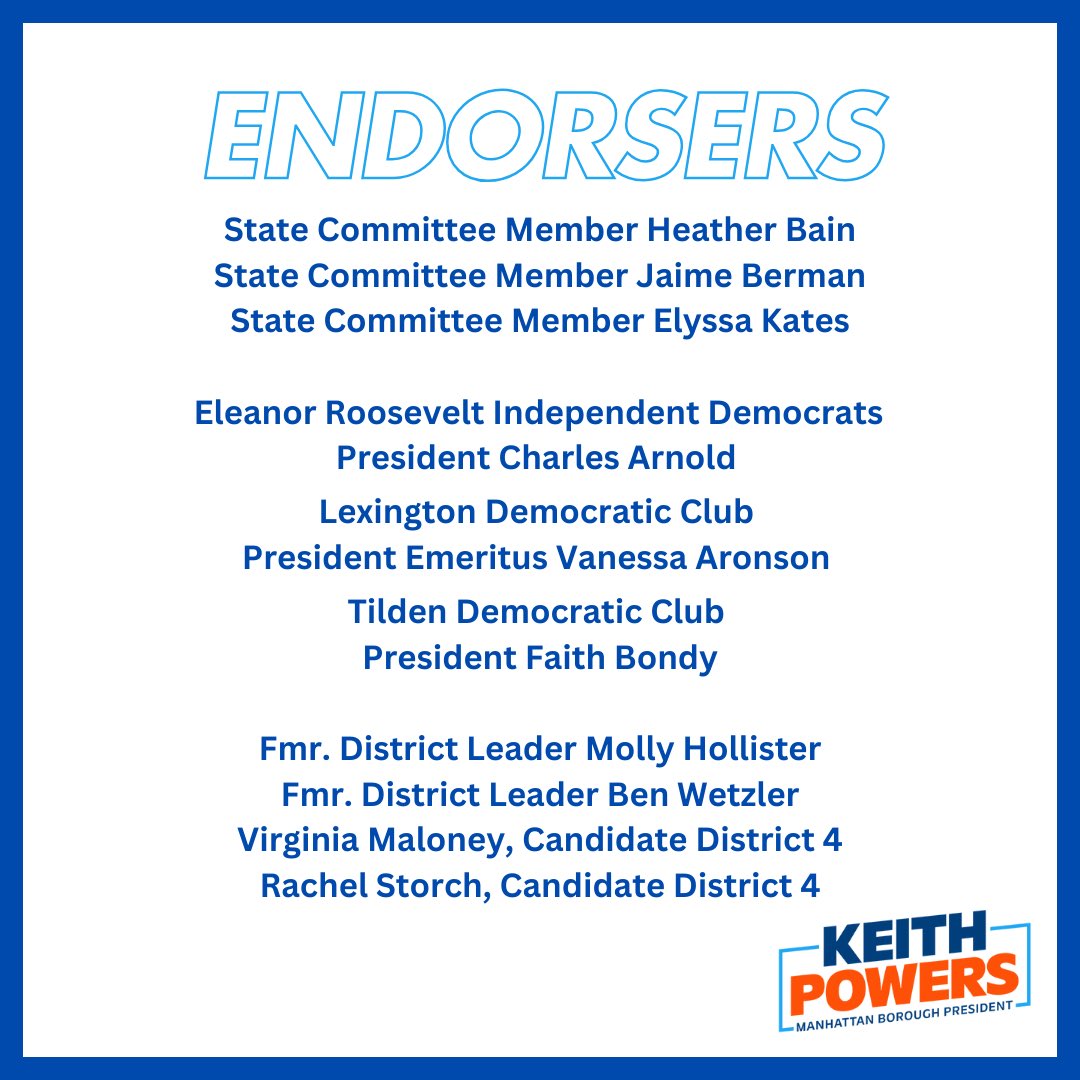 Proud announce that over 20 political leaders from across Manhattan’s East Side have officially endorsed my campaign for Borough President.

As a lifelong East Sider, I’m thrilled to have the support of the community that raised me.