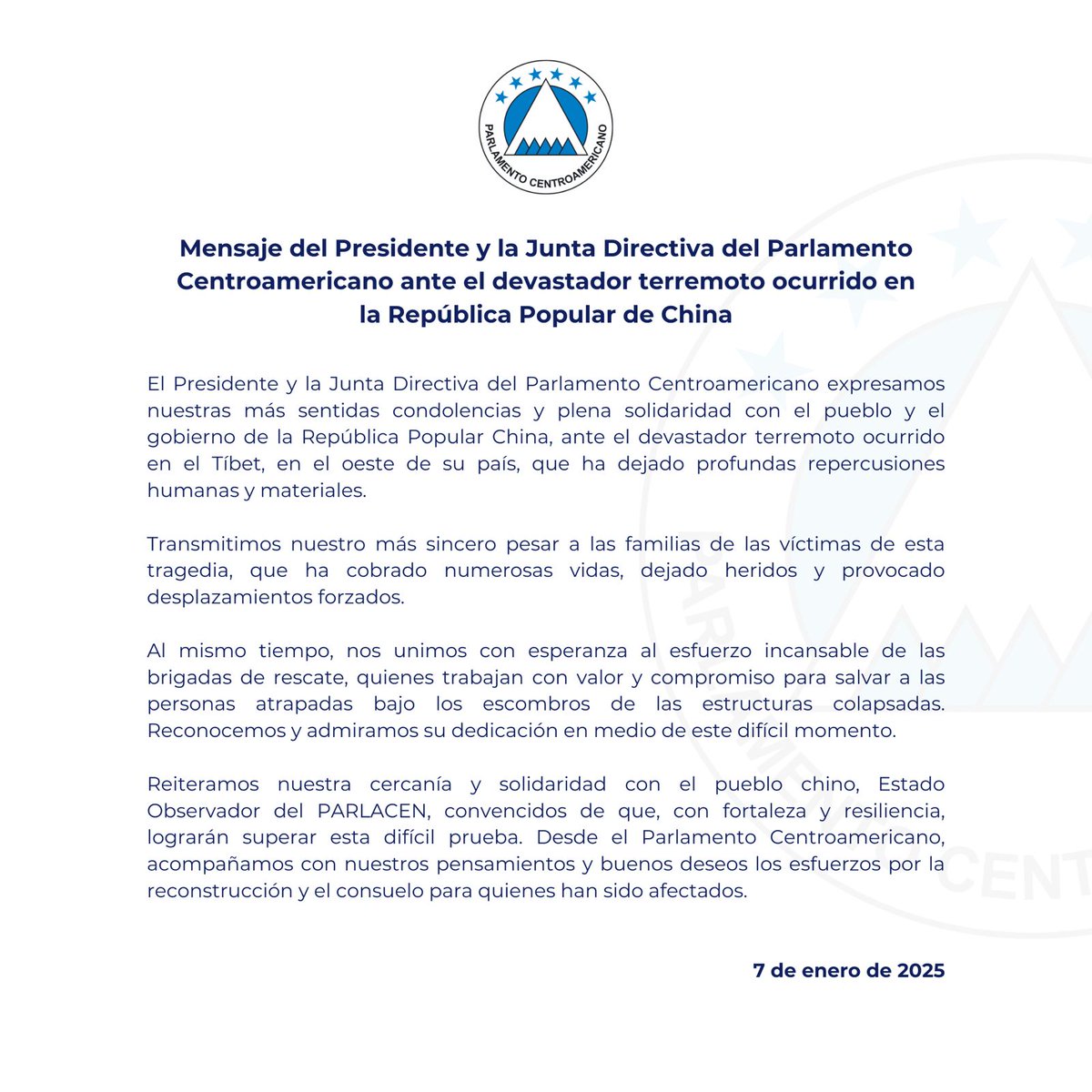 Mensaje del Presidente del <a href="/PARLACEN/">PARLACEN</a> HD Carlos Hernández y la Junta Directiva ante el devastador terremoto ocurrido en la República Popular China