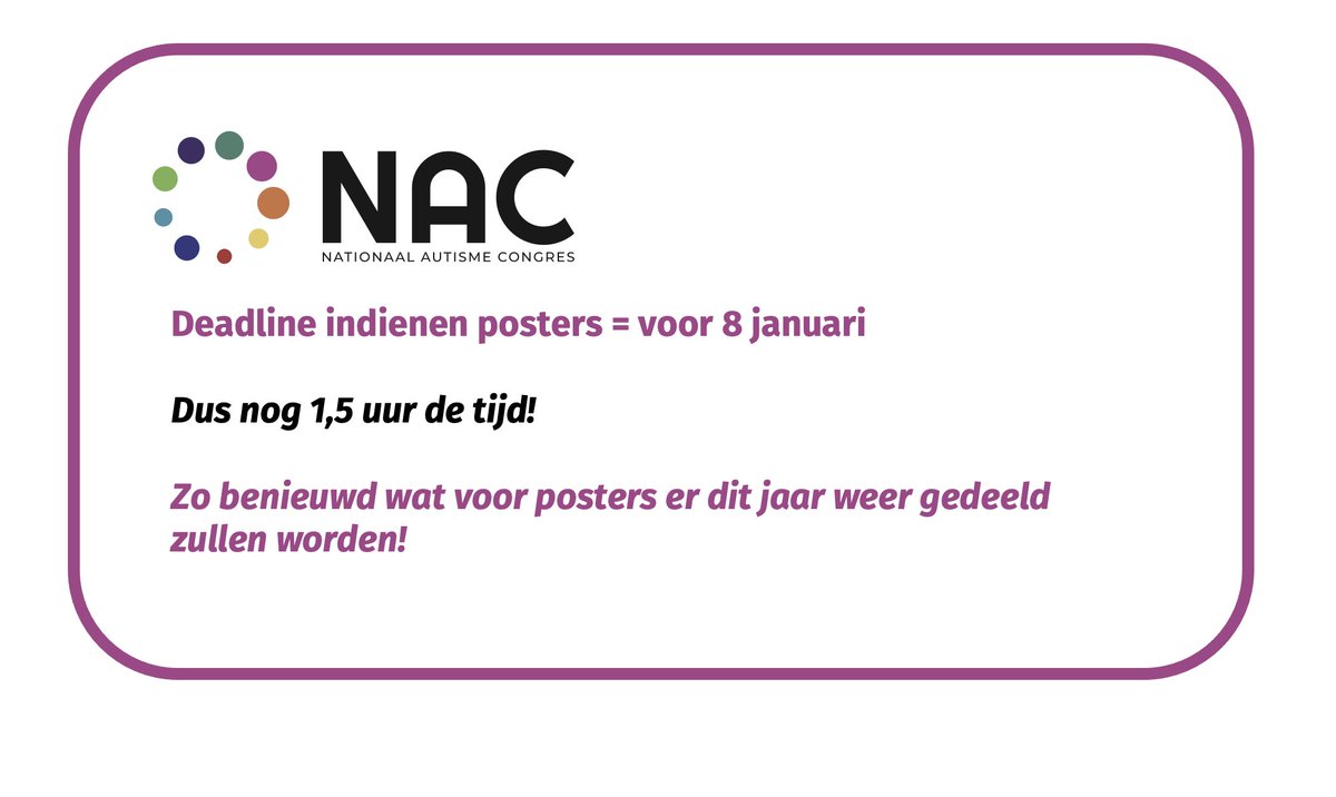 NAC 2025 - Diverser posters over wetenschappelijk onderzoek worden gedeeld op het Nationaal Autismecongres. Ook door jou?

Indien kan nog tot 12u, via: nationaalautismecongres.nl/abstract-indie…

#NAC2025 #autisme #congres #autismecongres #poster #onderzoek #autismeonderzoek