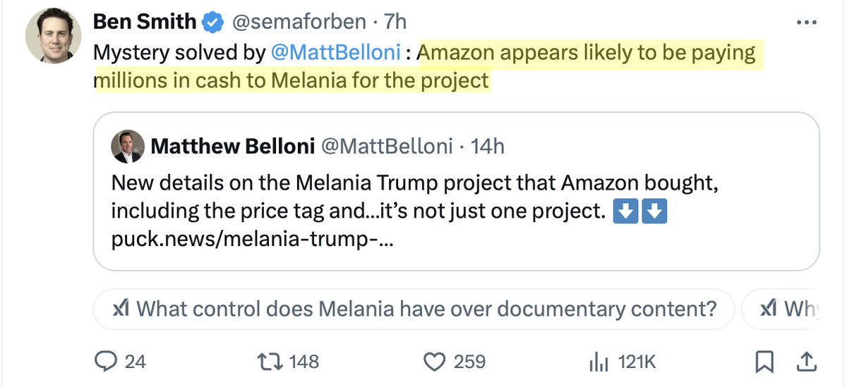 I can only imagine the Chernobyl-like meltdown that would be occurring in the media if a corporation w/clear incentives to influence public policy was literally paying millions of dollars directly to Dr. Jill Biden for a "project" about her. But since it's Melania 🙃