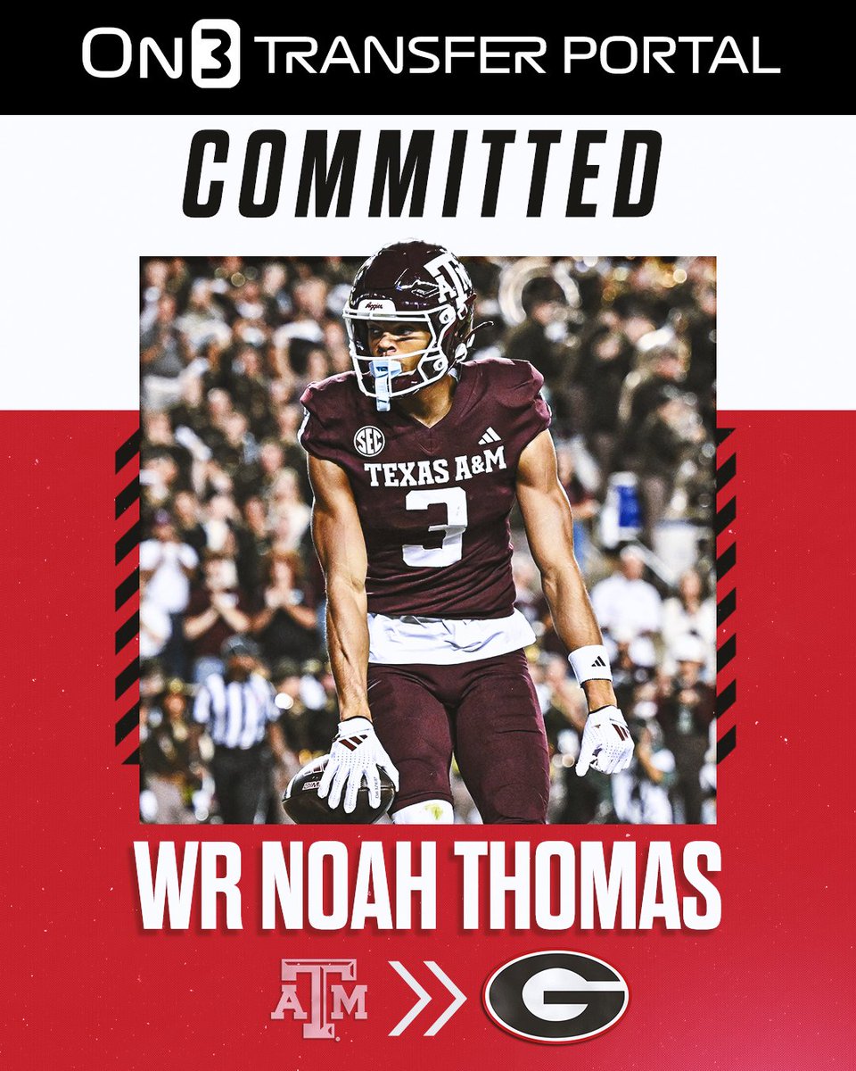 On3's tweet photo. BREAKING: Texas A&M transfer WR Noah Thomas has committed to Georgia, per @RustyMansell_🐶

https://t.co/wZTuHOBaOq