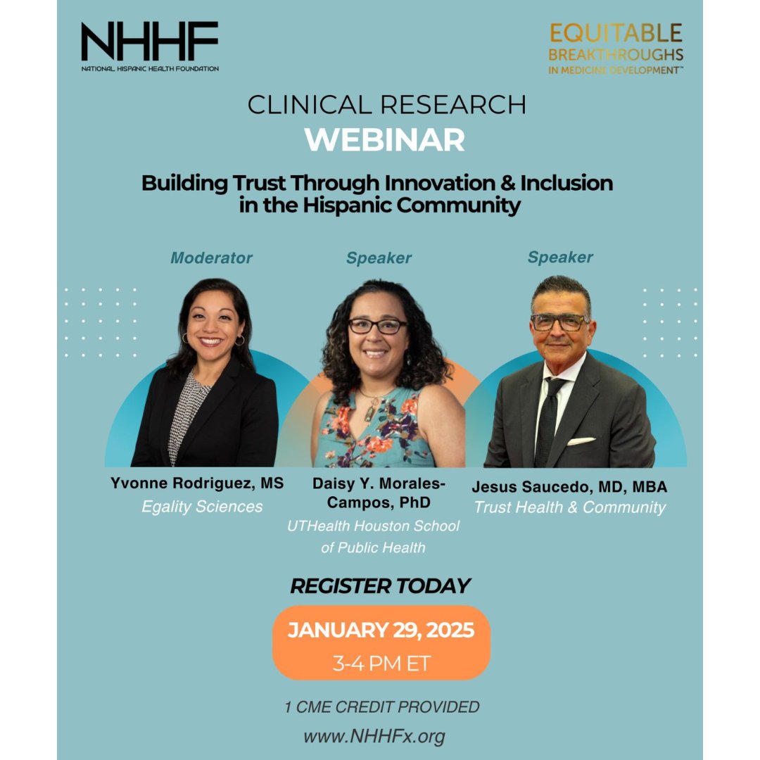Webinar: Building Trust Through Innovation &amp; Inclusion in the Hispanic Community!
📅 Jan 29 | ⏰ 3 PM ET
💡 Featuring Dr. Daisy Y. Morales-Campos &amp; Dr. Jesus Saucedo on strategies to boost Hispanic participation in clinical trials.
👉 Register here #HealthEquity #ClinicalResearch