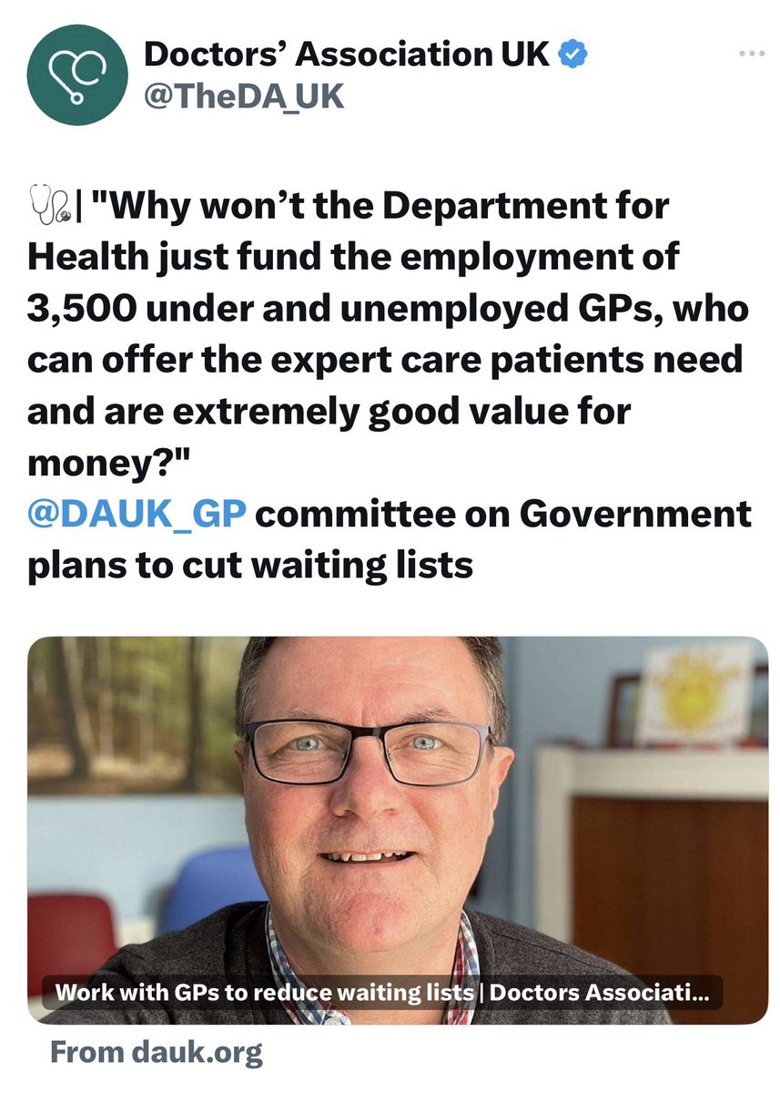 Peter Stefanovic (@peterstefanovi2) on Twitter photo A good question from <a href="/TheDA_UK/">Doctors’ Association UK</a>
Why do we have a desperate shortage of GP’s when there are 3,500 under and unemployed GP’s? It makes no sense
<a href="/wesstreeting/">Wes Streeting</a>
dauk.org/work-with-gps-… A good question from <a href="/TheDA_UK/">Doctors’ Association UK</a>
Why do we have a desperate shortage of GP’s when there are 3,500 under and unemployed GP’s? It makes no sense
<a href="/wesstreeting/">Wes Streeting</a>
dauk.org/work-with-gps-…