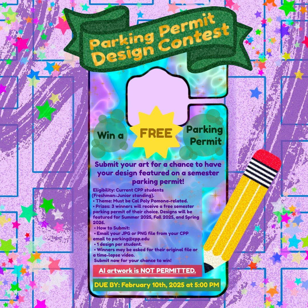 CPP_PTS's tweet image. Hi Broncos! Submit your art for a chance to have your design featured on a semester permit!
Eligibility: Current CPP students
(Freshman-Junior standing).
Must be Cal Poly Pomona-related.
3 winners will receive a free semester permit!
AI artwork NOT PERMITTED.
DUE 02-10-25 by 5PM