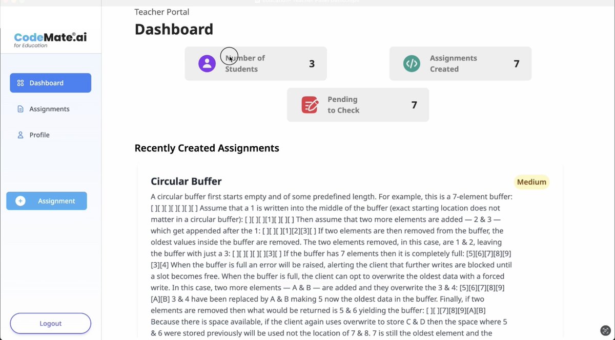 CodeMateAI's tweet image. Day 2 of CodeMate 3.0 🎉

Presenting our Teacher&apos;s Panel ✨
✅ Create unique programming assignments/tests in a click
✅ Bulk student reports in seconds
✅ Built-in plagiarism checker for online code
✅ LMS to manage &amp;amp; track submissions (on-time/delayed)
✅ CodeMate Chat