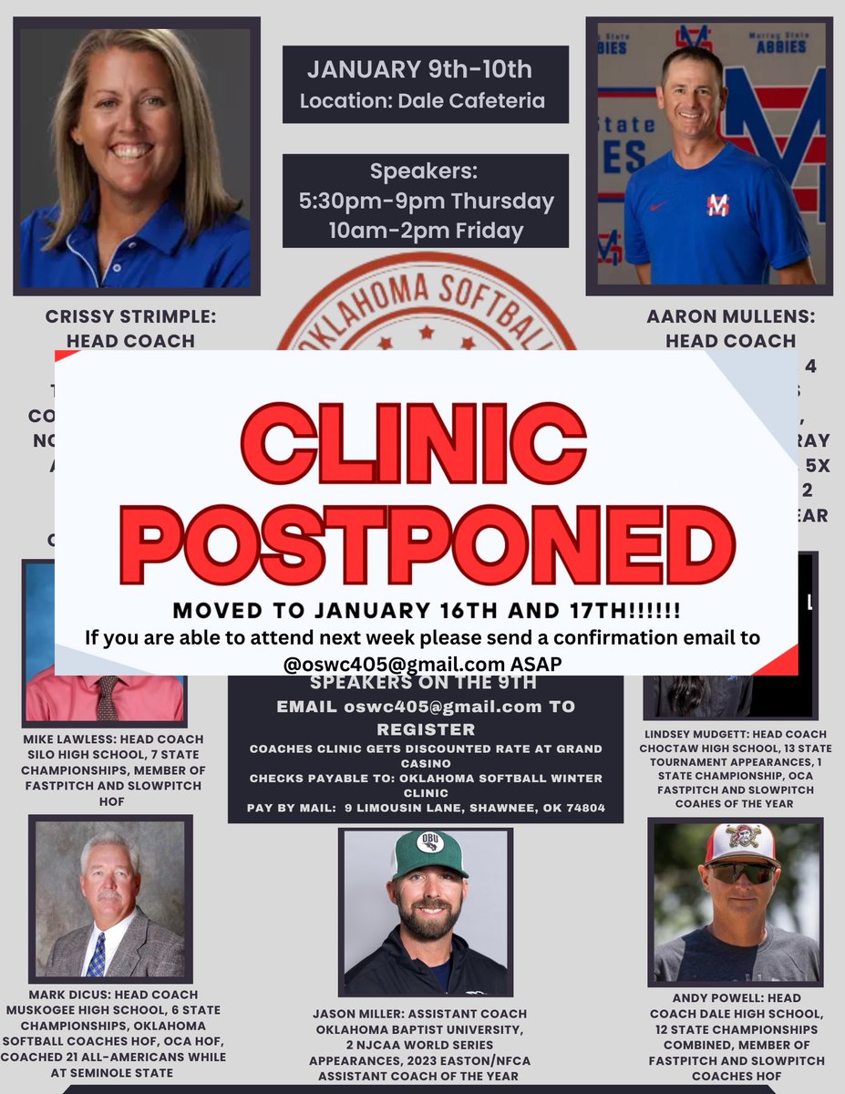 Oklahoma Softball Winter Clinic (@oswc_405) on Twitter photo âźď¸Clinic Postponed âźď¸
Due to potential inclement weather forecasted for the end of the week the clinic will be postponed to next week from January 16th-17th!!!
If you are still able to attend please send a confirmation email to oswc405@gmail.com ASAP!!!! âźď¸Clinic Postponed âźď¸
Due to potential inclement weather forecasted for the end of the week the clinic will be postponed to next week from January 16th-17th!!!
If you are still able to attend please send a confirmation email to oswc405@gmail.com ASAP!!!!