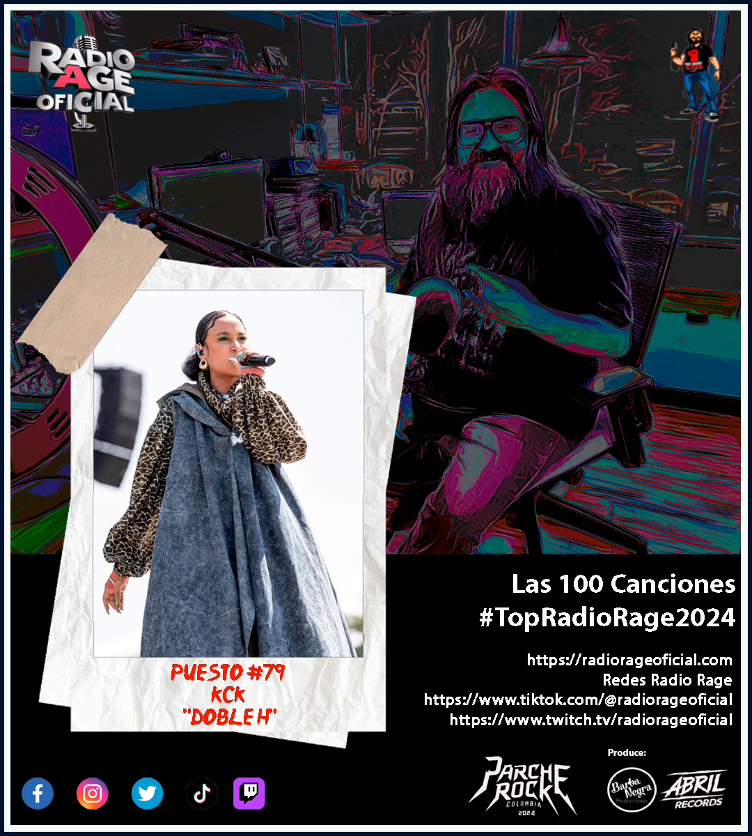 henryrage's tweet image. #Top100Radiorage 2024 Puesto #79 "Doble Hp"
#KCK para seguir y pillarla en vivo #HipHopColombiano
@Radiorageofi 
radiorageoficial.com