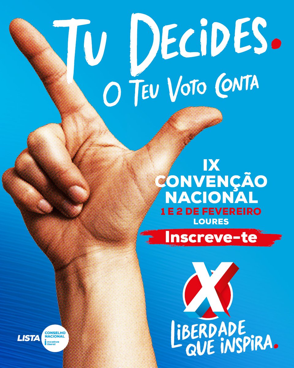 Liberdade que Inspira 

Vais ser chamado a eleger os órgãos nacionais nos dias 1 e 2 de fevereiro. A tua participação é importante para a IL e para Portugal.
Tu decides!
O teu voto conta!

Inscreve-te:
portal.liberal.pt/inscricao-na-i…

#ListaX #LiberdadeQueInspira #IniciativaLiberal #CN