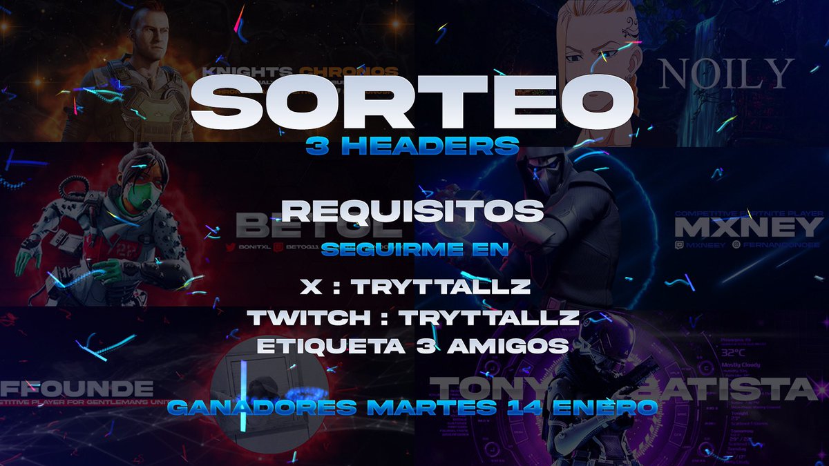 📌SORTEO 3 HEADERS📌

📍Requisitos📍

Seguirme en X: <a href="/TryTTallZ/">Cesar</a> 
Seguirme en Twitch: twitch.tv/tryttallz
Etiquetar 3 amigos
Dar ❤️ &amp; 🔄
Dejar Cap en los comentarios

Finaliza Martes 14 Enero
!SUERTE A TODOS!