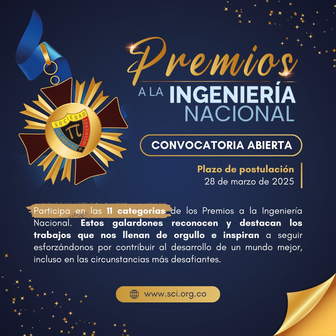 IngenieriaSCI's tweet photo. La @IngenieriaSCI abre su convocatoria para reconocer a los ingenieros que transforman ideas en soluciones reales para el progreso del país. Con 11 categorías, celebramos la excelencia y la innovación en la ingeniería.

Más información en 👉 https://t.co/EechZBRJqL https://t.co/rpnfty2CFA