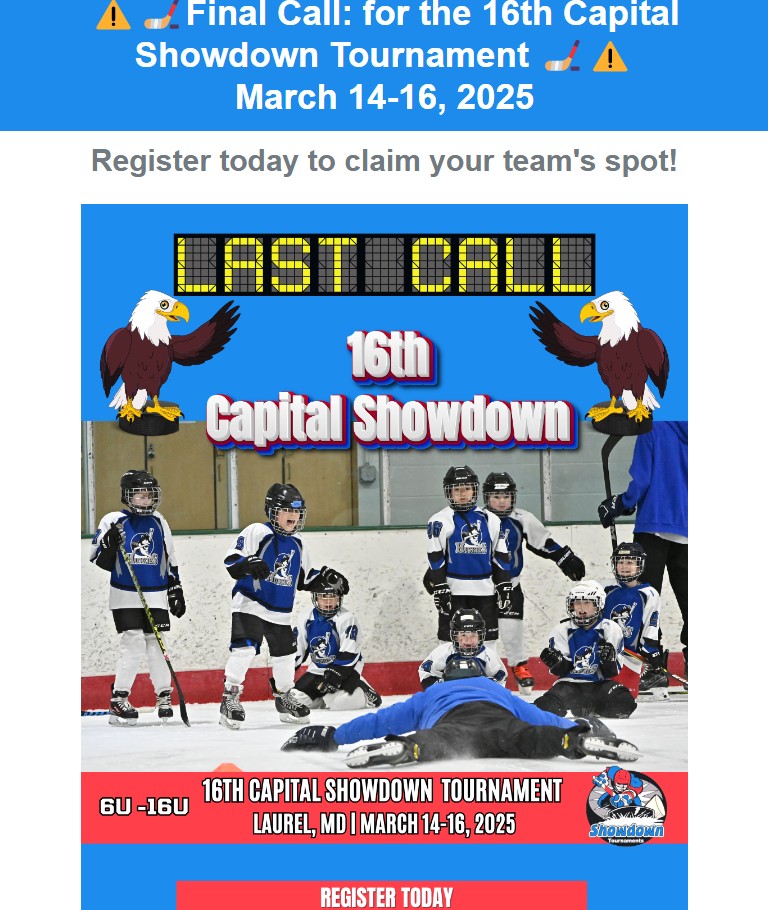 hockey_resource's tweet photo. Last chance to register for the Capital Showdown Tournament! Don't miss out!
π Yours in Hockey
Brian & Whitney
#CapitalShowdown #HockeyFun
https://t.co/MEt7B4TQ8I https://t.co/N823Kni59q