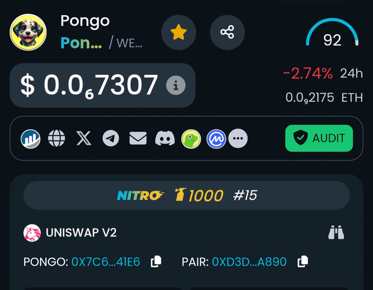$PONGO is got nitro 

dextools.io/app/en/ether/p…

#CryptoNews #Ethereum