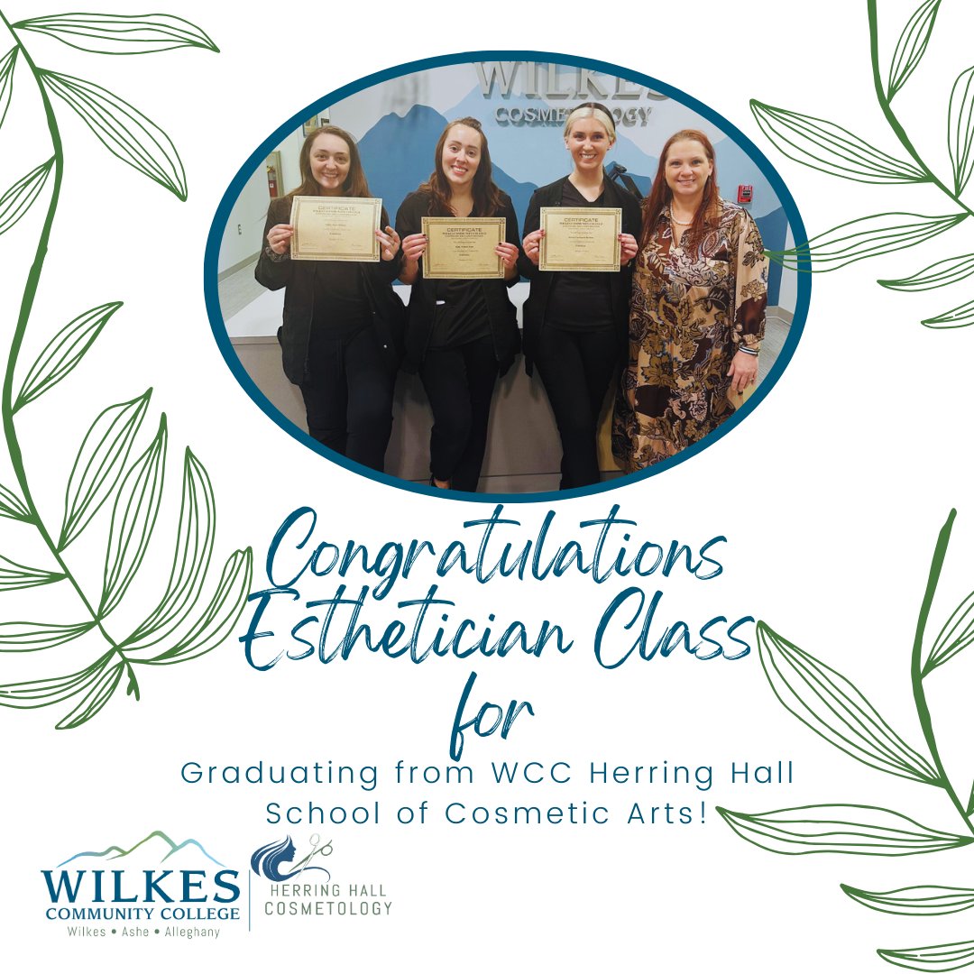 Congratulations to our Esthetician Class for graduating from WCC Herring Hall School of Cosmetic Arts.
Pictured from l-r: Ashley Billings (graduate), Holly York (graduate), Kristen Durham (graduate) Dee Brewer (Instructor).