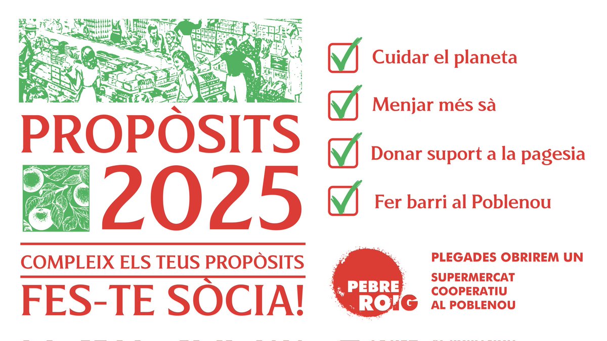 🎆 BON ANY NOU! 

Si aquest 2025 tens com a propòsit:
🌍 cuidar el planeta, 
🍽 menjar sà, 
👩‍🌾 donar suport a la pagesia 
🏭 i fer barri al Poblenou

✅️ Fes-te sòcia del <a href="/PebreRoigCoop/">Pebre Roig</a>!   ja.cat/vullsersocia

📆 Sessió informativa 16 gener 18:30 Casal de Barri de Poblenou