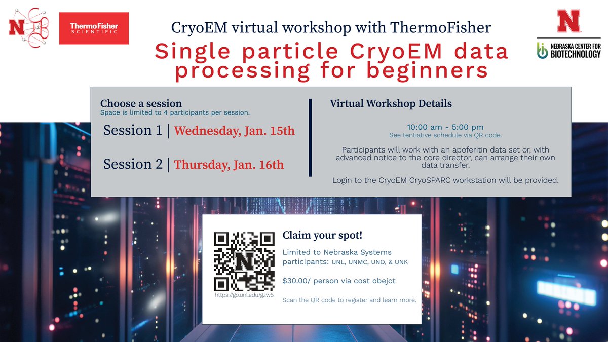 UNL Biotech Center (@biotechunl) on Twitter photo ‼️Join <a href="/Cryo_UNLbiotech/">UNL CryoEM Core Facility</a> next week for the virtual workshop, Single Particle CryoEM Data Processing for Beginners, in collaboration with <a href="/thermofisher/">Thermo Fisher</a>!
Dates: January 15 or 16, 2025
Cost: $30.00
Learn more and register: go.unl.edu/gzw5 ‼️Join <a href="/Cryo_UNLbiotech/">UNL CryoEM Core Facility</a> next week for the virtual workshop, Single Particle CryoEM Data Processing for Beginners, in collaboration with <a href="/thermofisher/">Thermo Fisher</a>!
Dates: January 15 or 16, 2025
Cost: $30.00
Learn more and register: go.unl.edu/gzw5