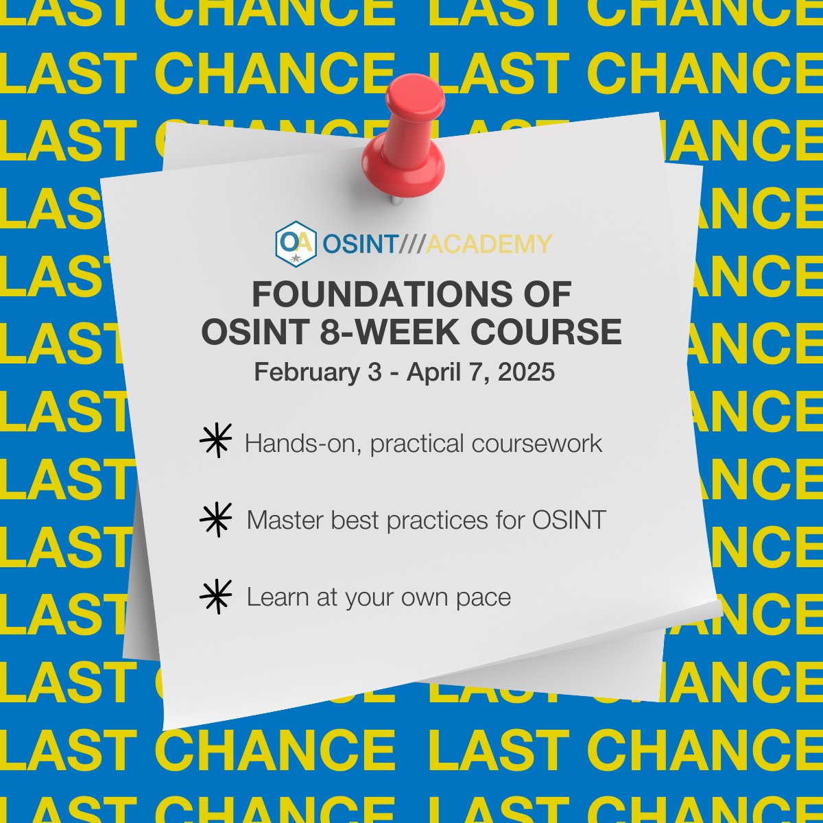 The clock is ticking! Enrollment for our Foundations of OSINT course closes soon. Start your OSINT journey with practical training and get a $200 voucher for the Open-Source Certification (OSC) Exam.

Spots are limited so sign up now: osintacademy.com/foundations-os…

#OSINT #Training
