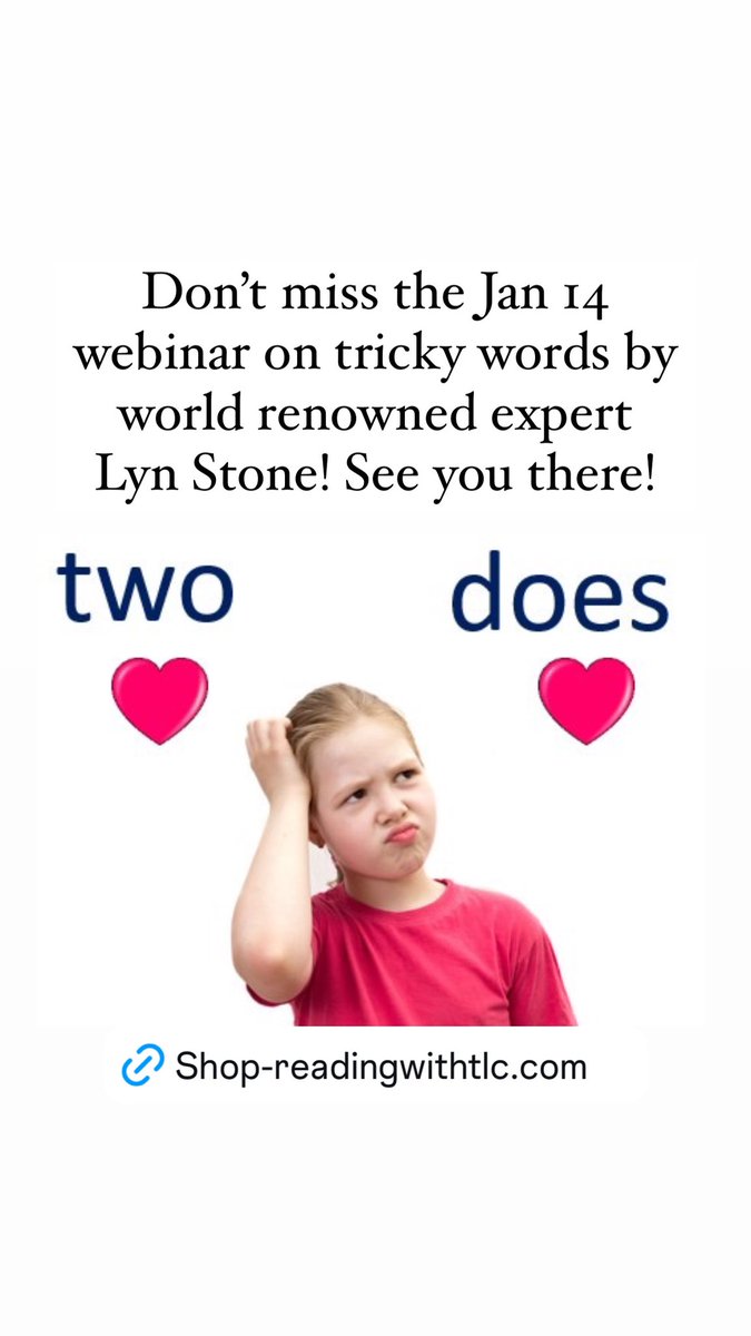 Need research-based ideas for those tricky words? Don’t miss  the Jan. 14 webinar by literacy expert, Lyn Stone! <a href="/lifelonglit/">Lyn Stone</a> 
Sign up here:
shop-readingwithtlc.com/collections/tr…