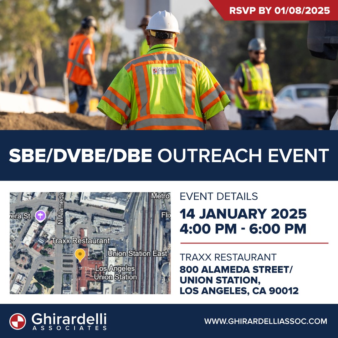Ghirardelli Associates invites qualified firms to a SBE, DVBE, and DBE outreach event:

Jan 14 2025
4 pm - 6 pm

Beverages and Bites will be served.

RSVP:
eventbrite.com/e/sbedvbedbe-o…

TRAXX Restaurant
800 Alameda St/Union Station
Los Angeles, CA 90012

ghirardelliassoc.com