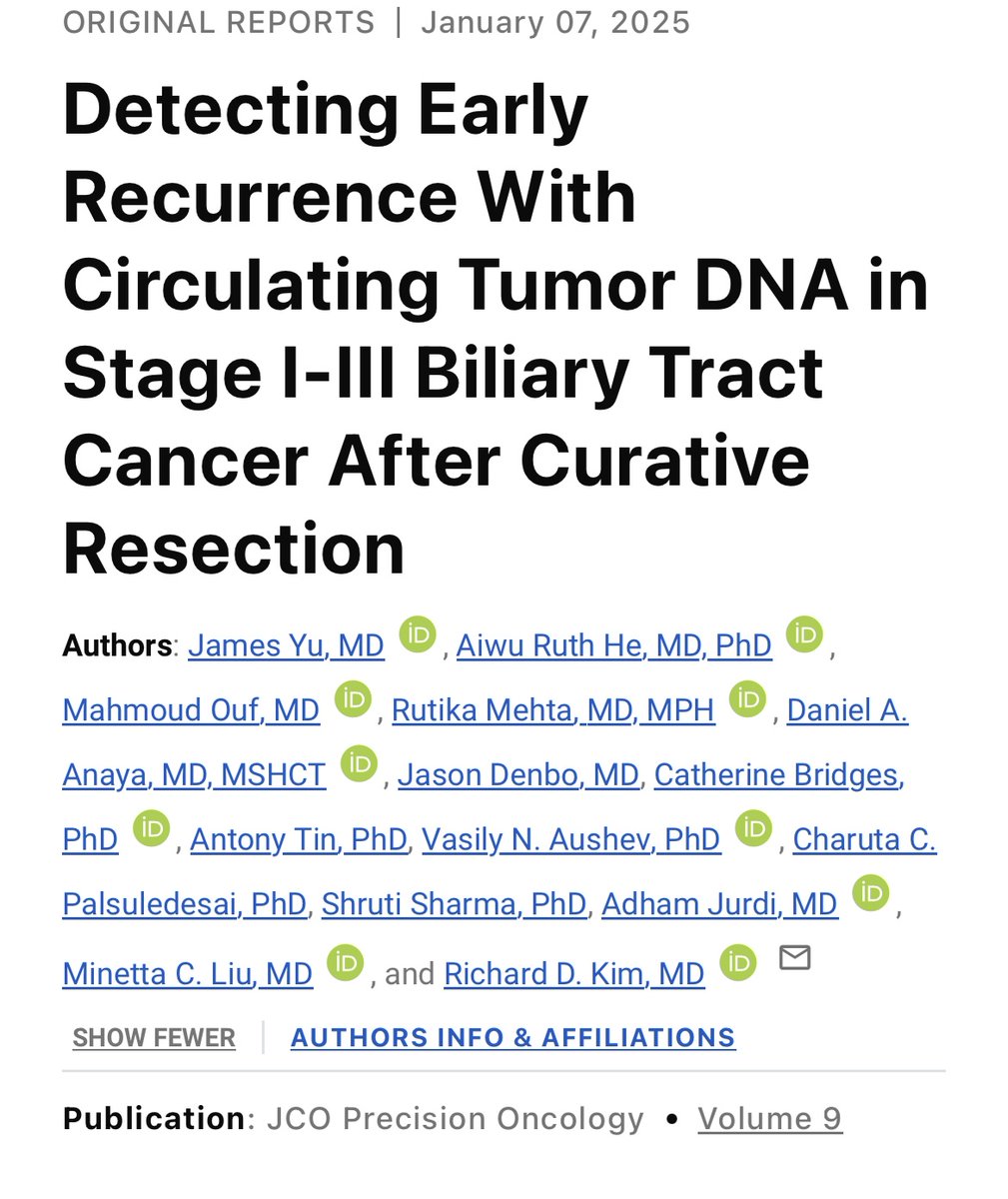 james Yu (@jamesyuhemonc) on Twitter photo Excited to share our publication on ctDNA in resected BTC <a href="/JCOPO_ASCO/">JCO Precision Oncology</a>!
🔗 https:ascopubs.org/doi/10.1200/PO…
👉ctDNA is prognostic for relapse (HR 20-26)
👉Outperforms CA19-9 for relapse correlation
👉Potentially Detects recurrence earlier (avg lead time 3.7 mo)
#BTC #ctDNA #MRD Excited to share our publication on ctDNA in resected BTC <a href="/JCOPO_ASCO/">JCO Precision Oncology</a>!
🔗 https:ascopubs.org/doi/10.1200/PO…
👉ctDNA is prognostic for relapse (HR 20-26)
👉Outperforms CA19-9 for relapse correlation
👉Potentially Detects recurrence earlier (avg lead time 3.7 mo)
#BTC #ctDNA #MRD
