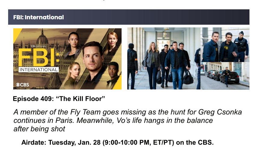 Ocelotl_Mx's tweet photo. FBI: INTERNATIONAL
409. “The Kill Floor”
Storyline
Air Date:  Tuesday, January 28, 2025.

#FBIInternational #INT409 #Storyline409 #MidSeason #IntStoryline 
#AgentWesleyMitchell #JesseLeeSoffer #JesseFBIEra
#WesleyMitchell #WesMitchell #FlyTeam✈️
#FBIFam #TheFBIs #FBIIntEpisodes https://t.co/itIPxpsAde