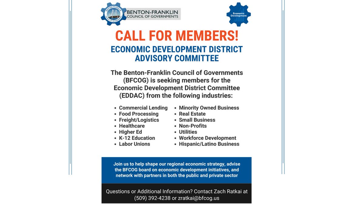 🌟 CALL FOR MEMBERS! 🌟

💡 Why Join?
✔️ Shape our region's economic strategy
✔️ Advise on key development initiatives
✔️ Network with public and private sector leaders

📞 Contact Zach Ratkai at (509) 392-4238 or zratkai@bfcog.us.