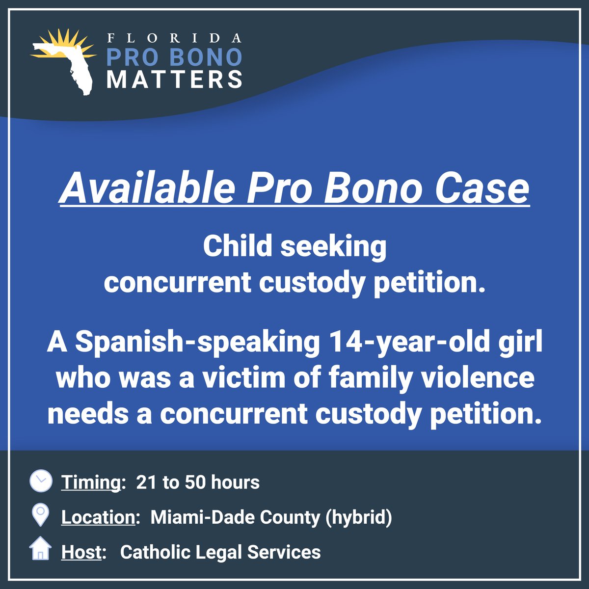 FloridaProBono's tweet photo. Check out https://t.co/pOzxopas0M for available pro bono cases like this one from @CLSMiami
#TakeaCaseTuesday https://t.co/7GVpI4c2lr