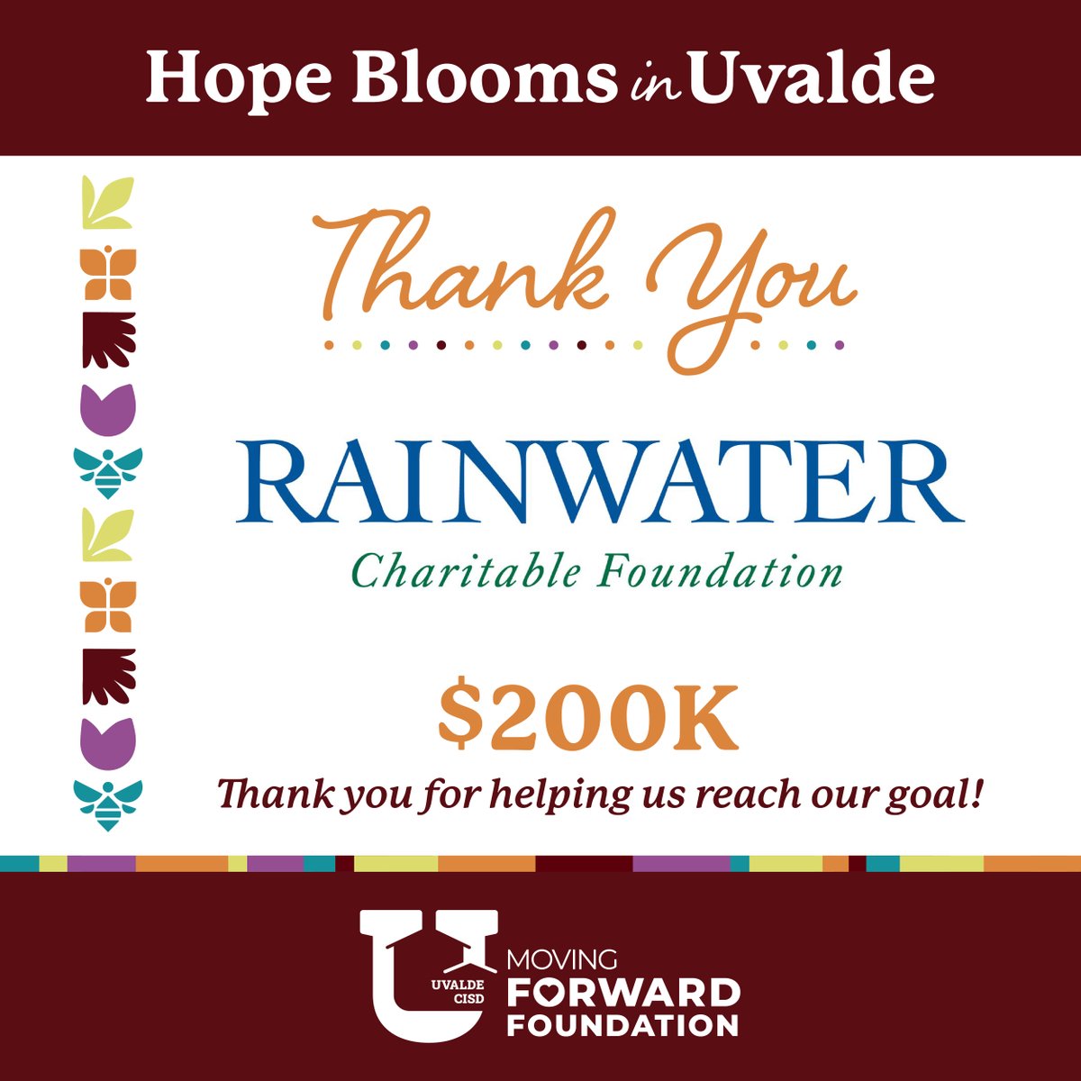 UvaldeMovingFwd's tweet photo. The Uvalde CISD Moving Forward Foundation is honored to announce a $200,000 contribution from the Rainwater Charitable Foundation (@RCFNeuro) to the fundraising efforts toward building the new Legacy Elementary School in @Uvalde_CISD. 

This gift is in addition to a $2 million gift given at the start of the Foundation's work in 2022. 

Interested in learning more and making a donation? Visit https://t.co/oQUkt4bLiL.
