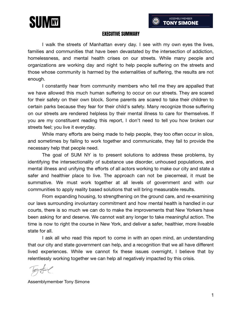 I walk the streets of Manhattan every day. I see with my own eyes the devastation wrought by addiction, homelessness, and the mental health crises on our streets. My report lays out solutions to address this crisis that can be acted on this year. 1/4