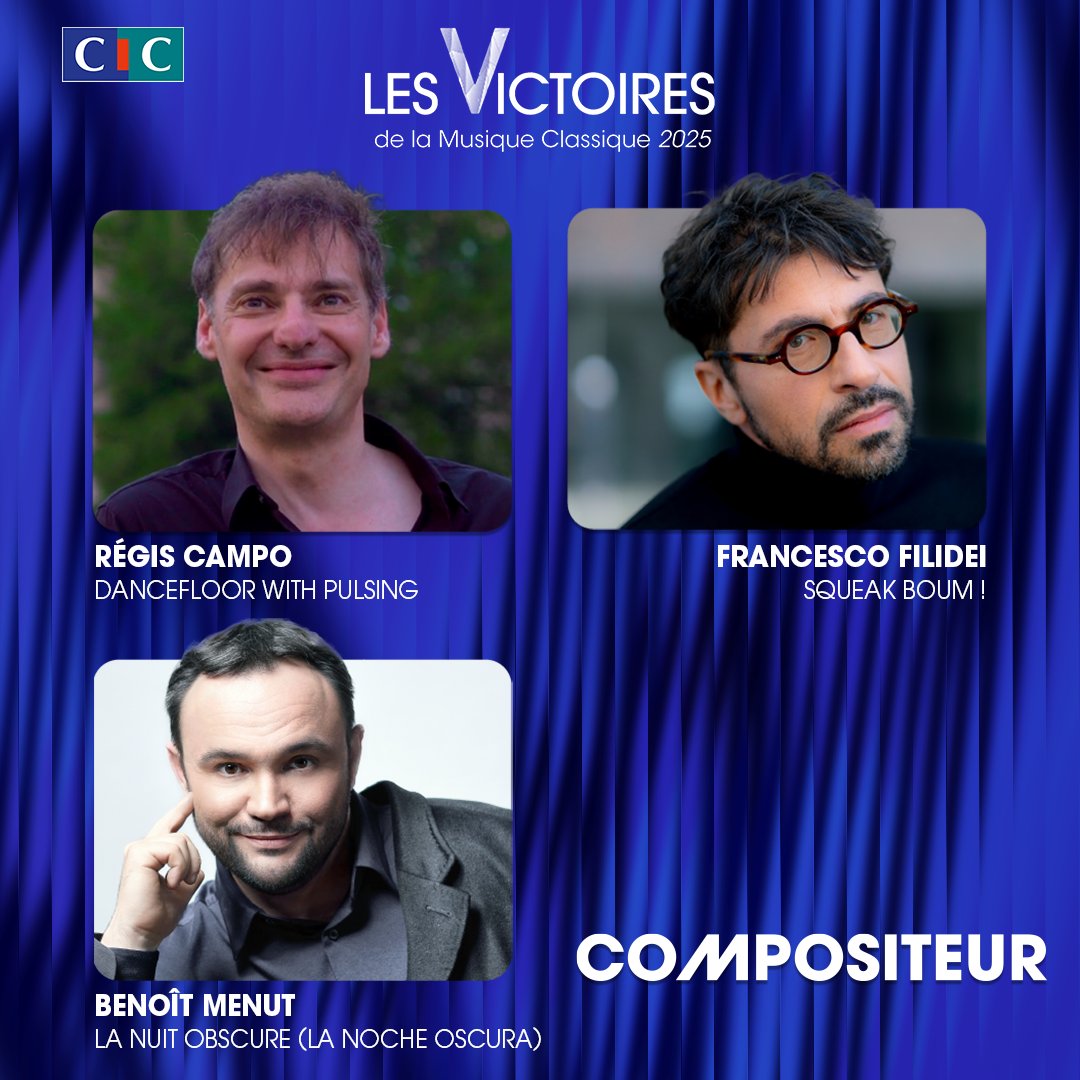 🎼Les nommés dans la catégorie Compositeur :
<a href="/Regiscampo/">Régis Campo</a> Dancefloor with pulsing
<a href="/francefilidei/">francesco filidei</a> Squeak Boum !
<a href="/Benoit_Menut/">Benoît Menut</a> La nuit obscure
Rdv début mars à l’<a href="/operaderouen/">Opéra Orchestre Normandie Rouen</a> pour les #VictoiresClassique2025 sur <a href="/FranceTV/">France tv</a> et <a href="/francemusique/">France Musique</a>, avec <a href="/bernstephane/">Stéphane Bern</a> et <a href="/cl_rochefort/">Clément Rochefort</a> <a href="/cic/">CIC</a>