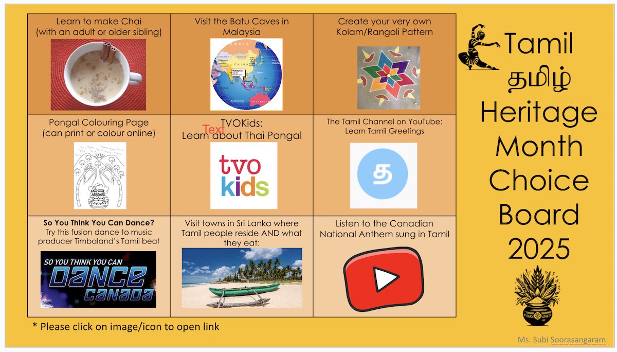 January is Tamil Heritage Month &amp; I am beyond excited&amp;proud to share my culture &amp;heritage with some resources I’ve created! Here is my 1st resource: a choice-board. Please find the link in the comment section to ‘Make a Copy’ &amp;please share w/ your students, colleagues &amp; families!
