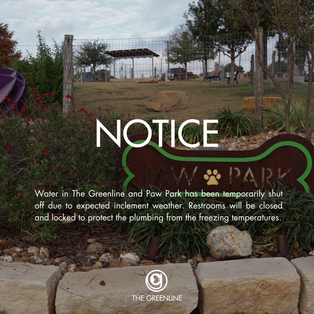 Hey Greenline visitors! 👋 Due to freezing temperatures, the water at The Greenline and Paw Park has been temporarily shut off, and the restrooms will be closed and locked until further notice, depending on temperatures moving into the weekend.❄️ Stay warm!