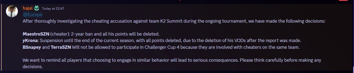 🚨 <a href="/FACEIT/">FACEIT</a> admins have finalized their investigation into the K2 Summit roster that was disqualified from Stage 1

- Maestro has received a 2 year ban with all points deleted
- Krona suspended until the end of the year with all points deleted
- Snape &amp; Terra suspended from Cup 4