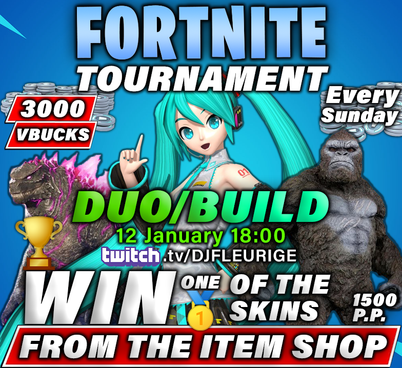 DJFLEURIGE's tweet photo. SECOND VBUCKS CUP OF 2025. 3000 VBUCKS DUO BUILD HATSUNE MIKU CUP https://t.co/Dd64KiU46T Follow Twitch, TikTok and Join Discord to enter cup. SEE YOU 12 JANUARY 18:00 #Fortnite #Skin #VBucks #Cup #Tournament #Twitch #YouTube #TikTok https://t.co/DgHEYk999U