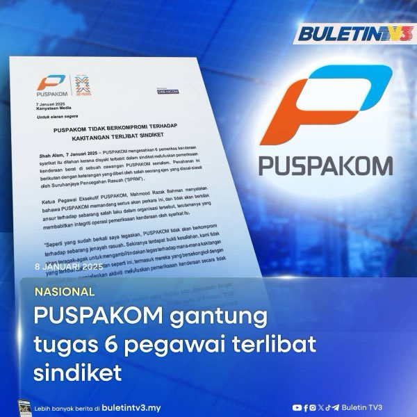 NASIONAL | 6 pegawai pemeriksa kenderaan Pusat Pemeriksaan Kenderaan Berkomputer (PUSPAKOM) digantung tugas serta-merta selepas disyaki terlibat dalam sindiket meluluskan pemeriksaan kenderaan berat.

#BuletinTV3 #PUSPAKOM #SPRM