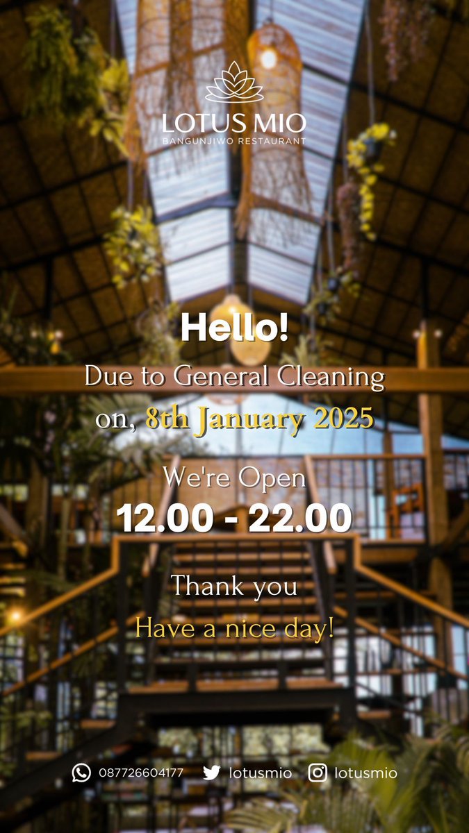 Demi pengalaman terbaik di Lotus Mio, kami mengadakan general cleaning rutin setiap bulannya untuk memastikan kebersihan restoran demi kenyamanan customer kami

Have a great day ahead!