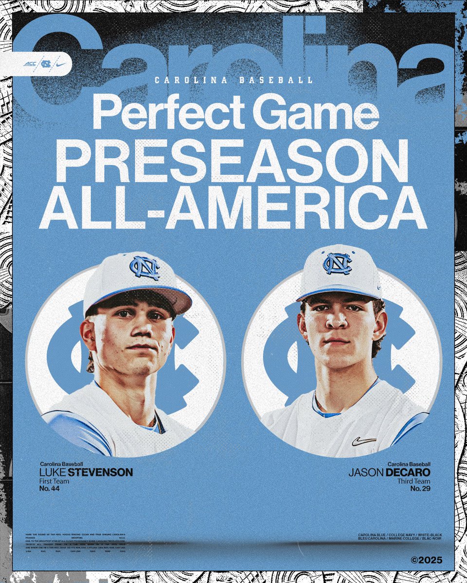 Carolina Baseball (@diamondheels) on Twitter photo This duo gonna have โem running scared this year ๐ฎโ๐จ
<a href="/StevensonLuke44/">Luke Stevenson</a> and <a href="/JasonDeCaro2/">Jason DeCaro</a> have been named <a href="/PerfectGameUSA/">Perfect Game USA</a> preseason all-Americans! This duo gonna have โem running scared this year ๐ฎโ๐จ
<a href="/StevensonLuke44/">Luke Stevenson</a> and <a href="/JasonDeCaro2/">Jason DeCaro</a> have been named <a href="/PerfectGameUSA/">Perfect Game USA</a> preseason all-Americans!