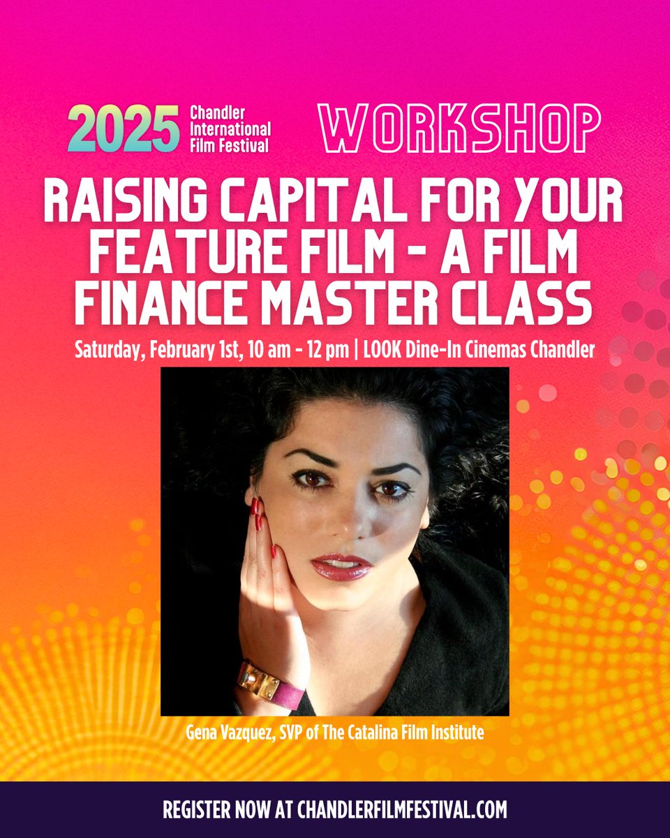 ChandlerFilmFes's tweet photo. Join accomplished film producer and VP of @CatalinaFilm, Gena Vazquez, for RAISING CAPITAL FOR YOUR FEATURE FILM - A Film Finance Master Class on Saturday, February 1st, from 10 am to 12 pm! Register now 👉 https://t.co/F5rospu0m5
#azfilmmaker #filmmaker #Filmmaking #azfilm https://t.co/FBlSuGoqao