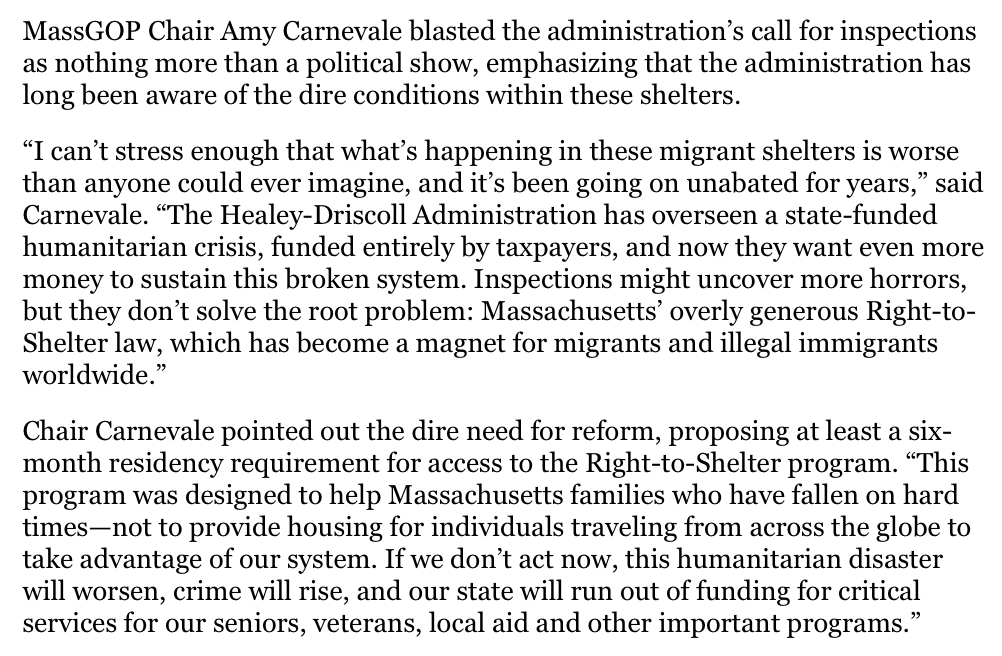 massgop's tweet photo. 🚨 Shocking revelations! 🚨
A  FOIA request made by the MassGOP exposes rampant crime in taxpayer-funded migrant shelters: physical & sexual assaults, drug & weapon busts, and years of silence from Healey-Driscoll.

Chair @AmyCarnevale: "This humanitarian crisis is fueled by failed leadership."
#mapoli
