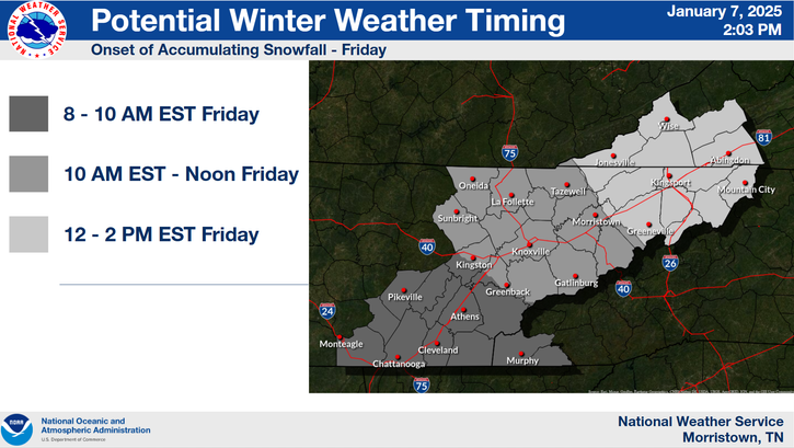 netnwx's tweet photo. FIRST CALL: Snow Forecast (Friday Morning Through Saturday Morning)

An impactful winter storm is set to arrive Friday morning, with snow spreading northward from the lower valley into the Tri-Cities area by early/mid-afternoon. Travel conditions will deteriorate rapidly, becoming hazardous or even impossible in some areas during the Friday evening commute and much of Saturday. Non-essential travel is strongly discouraged.

Storm Timing (Friday)
Lower Valley: 8-10 AM
Mid-Valley: 10 AM - 12 PM
Upper Valley/SWVA: 12-2 PM

Forecast Snow Totals
Tri-Cities: 2-5" (Isolated 6")
Knoxville: 2-5" (Isolated 6-7")
Plateau: 2-5" (Isolated 6-7")
Smokies: 5-7" (Isolated 8-10")
NETN Mountains: 4-6" (Isolated 7-8")
SWVA Mountains: 4-5" (Isolated 6")

Action Steps

Prepare Now: Stock up on essentials to last a few days, including food, water, and medications.

Avoid Travel: Stay off the roads Friday evening and Saturday if possible.

If Travel Is Necessary: Pack an emergency kit with warm clothing, food, water, a flashlight, and other survival items in case you become stranded.

Stay tuned for updates as the forecast evolves