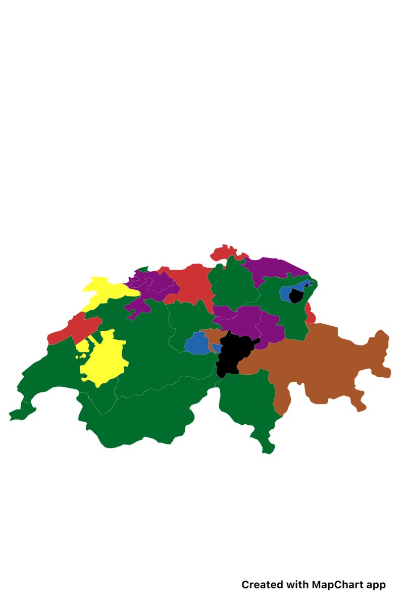 Now this one took a lot of research 

Highest level each Canton (and Liechtenstein)is represented at on the Swiss football pyramid

🟢-Super league 
🔴-Challenge league 
🟡-Promotion league 
🟣-1.Liga 
🟤-2.Liga interregional 
🔵-2.Liga 
⚫️-3.Liga