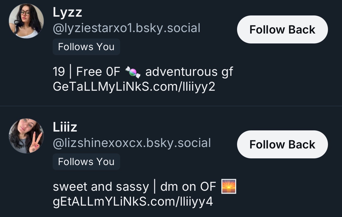 Mr_Beekeeper's tweet photo. @OnlyFans @_getallmylinks 
Your users are spamming BlueSky with robots. See attached screenshots. Please cancel the accounts of the users responsible for this spamming. I presume it violates your TOS. Also please establish accounts on BlueSky so you can be contacted there. Thanks https://t.co/YwYgScIGqK