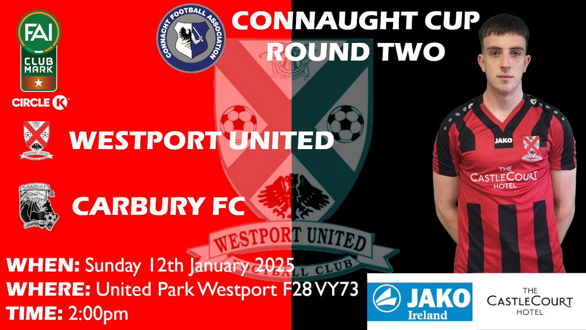 #MFL25 It's Connaught Cup action on Sunday as Westport United takes on top Sligo outfit, Carbury FC.

This is a massive match between two good teams and Westport United are hoping to progress further in the competition. 

Please support our lads!! 🟥⬛️⚽️🏆