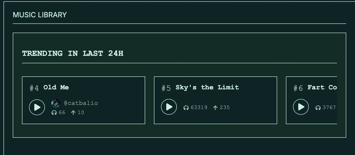 0xbeatsai's tweet photo. 'Trending' songs went live! 

Soon, you will be able to follow $BEATS creators that you find in Explore, and have their creations show up in your feed. https://t.co/7XkIOnAfwH