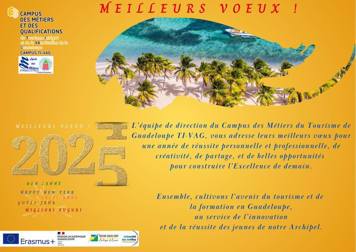 Les élèves, les étudiants et toute l’équipe du campus des métiers TI-VAG vous souhaitent une Bonne Année 2025🎊<a href="/gangloffchris/">Christine Gangloff-Ziegler</a> <a href="/AcGuadeloupe/">Académie de la Guadeloupe</a> <a href="/CRGuadeloupe/">Région Guadeloupe</a> <a href="/ErasmusplusFR/">Agence Erasmus+ France / Education Formation</a>