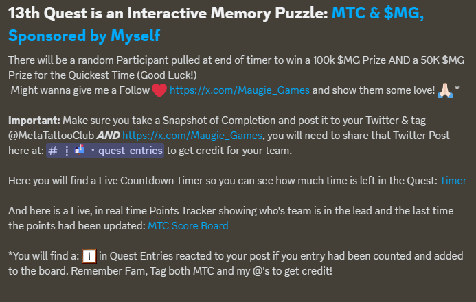 🚨🚨 New Quest is UP! 🚨🚨
--> discord.com/channels/94835… 
#MetaTattooClub $MG #SolanaAirdrop <a href="/Maugie_Games/">⚠️💖 ᗰᗩᑌGIᗴ $MG 💖⚠️</a>