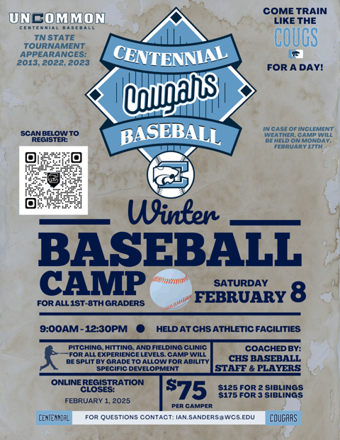 Annual Winter Baseball Camp Information below. Come enjoy Baseball with the 2025 team! <a href="/wcsCHSAthletics/">Centennial Athletics</a> <a href="/CHSCougarDC/">Centennial Cougar Baseball Diamond Club</a> <a href="/CHSPTSOWCS/">CHSPTSO</a> <a href="/wcsCHS/">CentennialHighSchool</a> <a href="/CHSCAC/">Cougar Athletic Club</a>