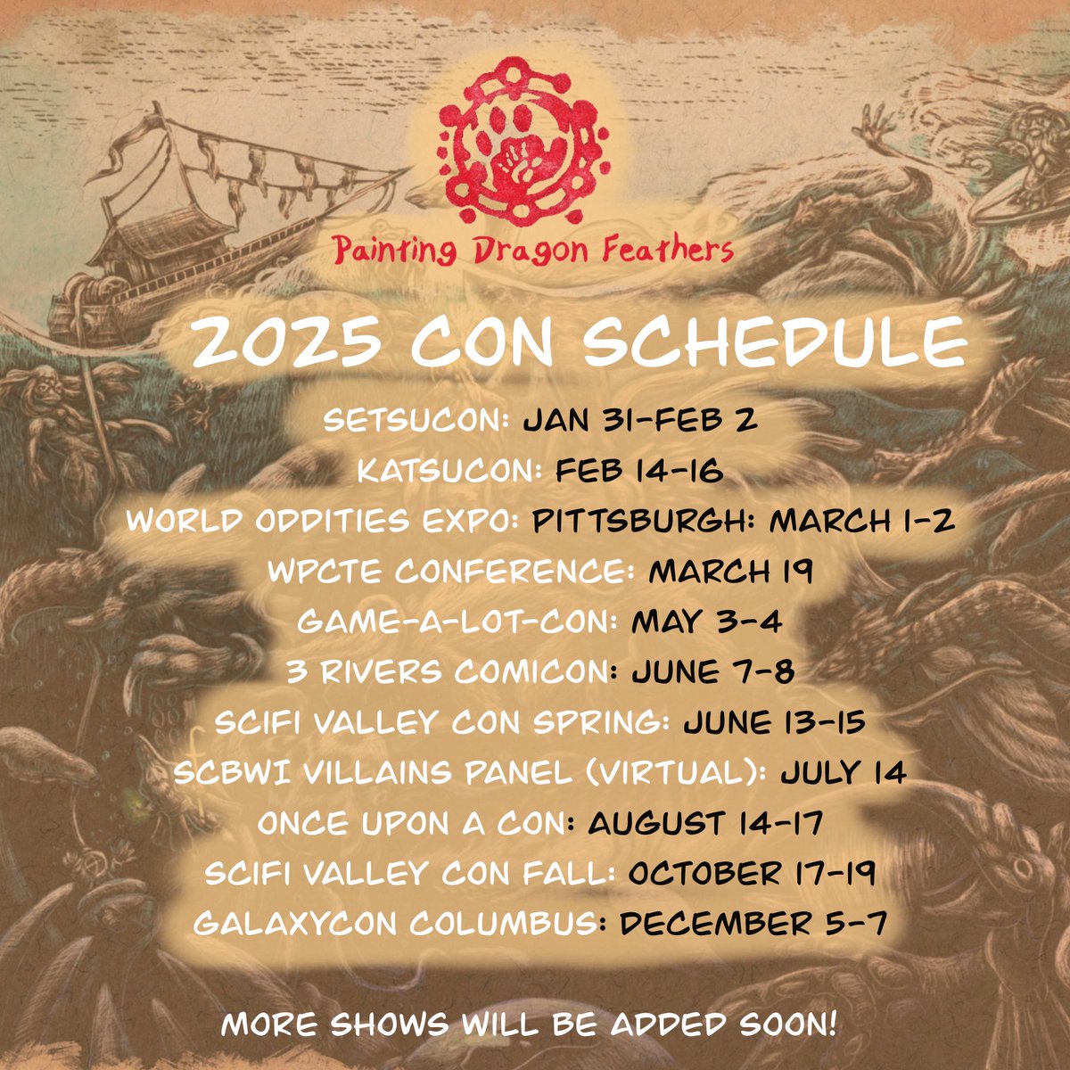 JDArtist23's tweet photo. Hey there peeps! These are the shows and conventions I have been confirmed for so far in 2025, so stop by to check out Painting Dragon Feathers artwork, books, and panels/lectures. And keep an eye out on my schedule—more shows will be added as applications open up and trickle in. https://t.co/ckWED7GexC